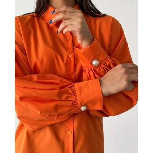 İnci Taş Düğme Detaylı Balon Kol Kadın Gömlek | Miss Nish
